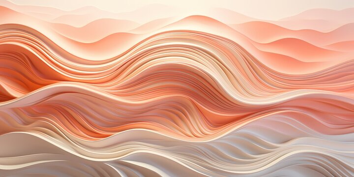 Subtle gradients of coral and peach in 3D waves, their glossy surface casting delicate reflections, evoking a sense of warmth.