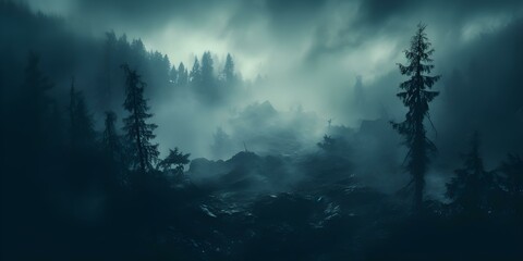 Veiled by a Thick Earthen Mist: Intriguing Peeks into the Beyond. Concept Mysterious Fog, Enigmatic Landscapes, Otherworldly Scenes, Atmospheric Photography, Bewitching Landscapes - obrazy, fototapety, plakaty
