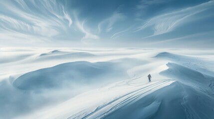 a small person wearing a down jacket skiing on a vast expanse of white snow
