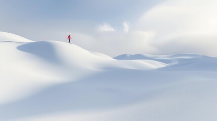 Naklejka na ściany i meble a small person wearing a down jacket skiing on a vast expanse of white snow