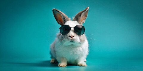cool rabbit on solid color background