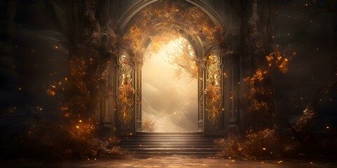 Entrance to a mysterious and enchanting realm. Concept Magical Gates, Mystical Pathways, Hidden Doorways, Enchanted Forest
