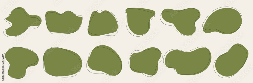 Poster A kit of irregular green shapes. Abstract figures collection with organic vector frames. Simple illustration ellements with thin lines
