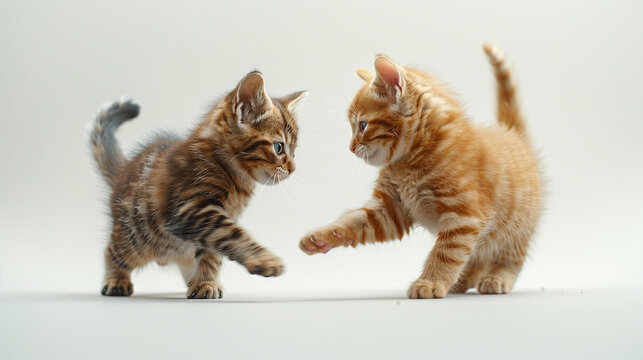 Deux chatons jouant ensemble, un chaton tabby ray&eacute; et un chaton roux, arri&egrave;re-plan blanc