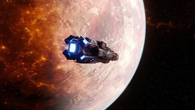 Spaceship crusing above an alien planet in deep space