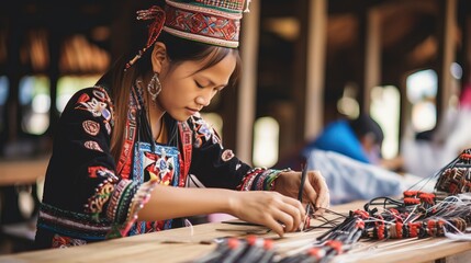 The ethnic Iban Lady doing a crafting at Sarawak Culture Village for tourist to see the unique culture in Sarawak.


