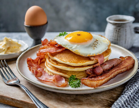 American breakfast - pancakes with bacon and egg, selective focus image.