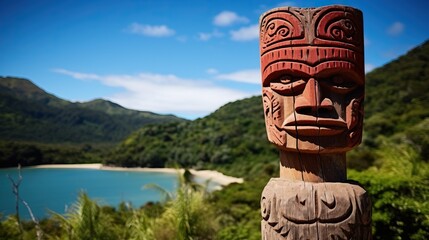 Traditional ancient red wooden Maori sculpture figure in Abel Tasman National Park Tasman South Island New Zealand.


