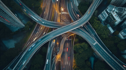 Aerial view of a busy multi-level highway interchange - obrazy, fototapety, plakaty