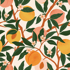 Peach or apricot branch seamless pattern. Hand drawn fruit and sliced pieces. Summer tropical blooming background. Vector fruit design for label, fabric, packaging. Seamless surface design. - obrazy, fototapety, plakaty