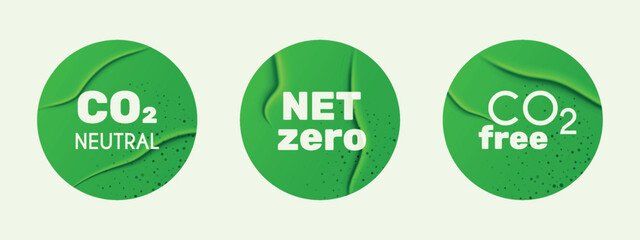 CO2 neutral and Net Zero symbol. 3 round green glue paper logo. Carbon dioxide emission reduction icon. Climate change, eco Friendly vector illustration