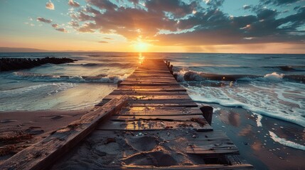 Beautiful landscape a wooden rustic pier on the beach in the afternoon scene. Generated AI image - obrazy, fototapety, plakaty