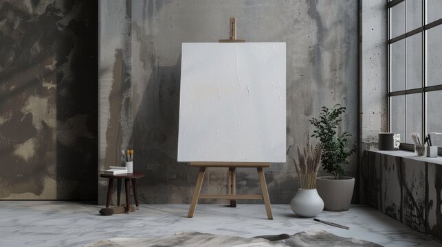 Blank white canvas painting board in indoors paint studio. Generated AI image