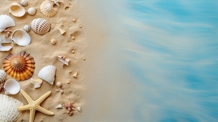 Travel, vacation concept. Sea shells on sand and blue background. Travelling, trip. Travel text. High quality photo.


