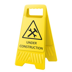 Under construction sign. Under construction warning sign. Yellow triangle sign with a crossed hammer and a wrench icon inside. Be careful at construction site. Repair work. Cars. Workshop. Machine.