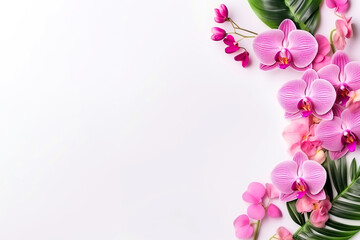 Fototapeta na wymiar pink orchids and green leaves on a white background