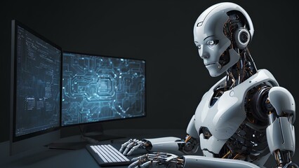 Obraz premium 3d illustration AI robot using cyber security