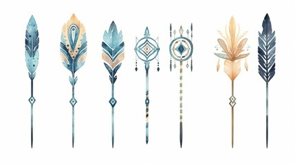 Watercolor ethnic boho set of arrows, native american tribe decoration print element, tribal navajo isolated illustration bohemian ornament, Indian, Peru, Aztec wrapping.


 - obrazy, fototapety, plakaty