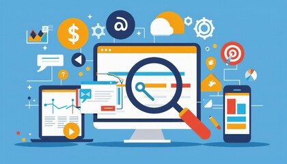 Search Engine Optimization (SEO) Strategies, SEO strategies with an image showing marketers optimizing website content, AI - obrazy, fototapety, plakaty