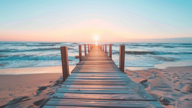 Beautiful landscape a wooden rustic pier on the beach in the afternoon scene. Generated AI image