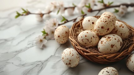 Obraz premium Easter background. Beautiful composition of colorful eggs and spring flowers on a delicate background. Spring holidays concept with copy space.