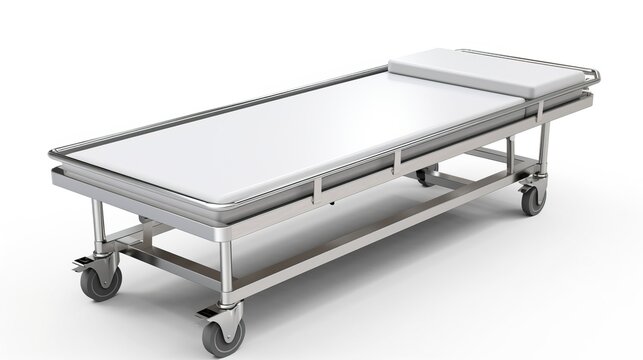 A simple stainless steel and chrome hospital or mortuary gurney with two flat surfaces and castor wheels on an isolated white background - 3D render.


