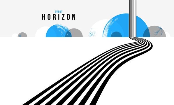 Linear composition vector road to horizon, abstract background with lines in 3D perspective, optical illusion op art, black and blue colors.