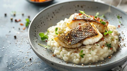 a delicious risotto prepared with fresh fish from the Venetian lagoon, showcasing the region's culinary heritage and leaving ample space for accompanying text.