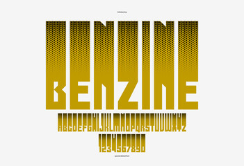 Halftone dotted futuristic cyberpunk font for logos and posters, vector brutal industrial typeface alphabet letters and numbers, urban technic future typography.