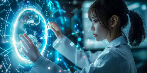 Future Technology Concept with Scientist Holding Earth Hologram
