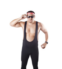 fat man in sports tights, sunglasses and headband on a white background