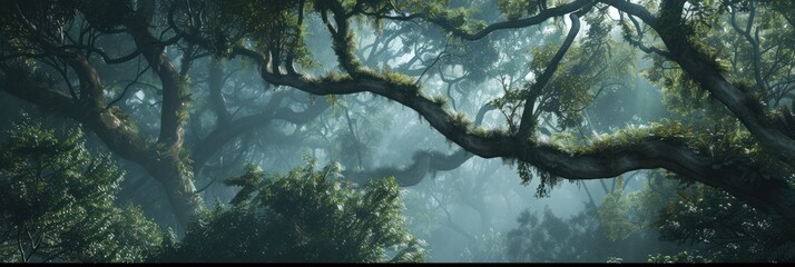 serene rainforest canopy in mist, illustrating richness of natural ecosystems and their importance in the Earth's biodiversity, ideal for environmental conservation messages and nature documentaries