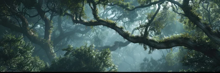 Fotobehang serene rainforest canopy in mist, illustrating richness of natural ecosystems and their importance in the Earth's biodiversity, ideal for environmental conservation messages and nature documentaries © Ярослава Малашкевич