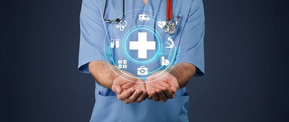 Digital healthcare, Hands of Doctor and medical icons