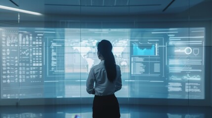 Professional woman analyzing data in a futuristic control room, reflecting the advancements in technology and data-driven decision making.