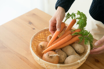 にんじんを持つ女性の手