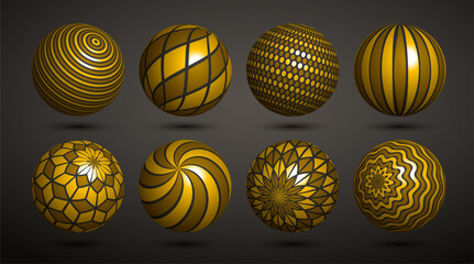 Abstract golden spheres vector set, collection of balls decorated with patterns, 3D mixed variety realistic globes with ornaments collection.