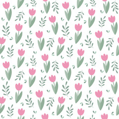 Floral seamless pattern in flat design. Cute vector illustration with flowers and leaves.