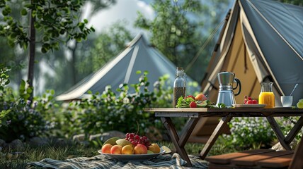 fruit prepared for a breakfast salad, arranged outside a tent amidst the serene beauty of nature, inviting viewers to indulge in a wholesome outdoor dining experience.