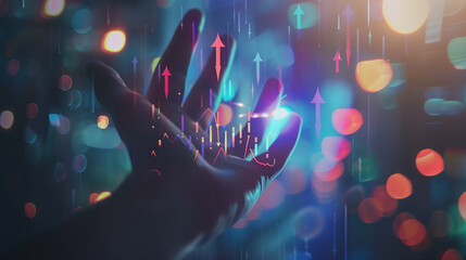 A hand reaches out towards vibrant virtual arrows representing financial growth, with a bokeh light effect in the background - obrazy, fototapety, plakaty