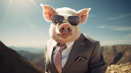 Deurstickers A pig wearing a suit and sunglasses on a mountain © Cybonad