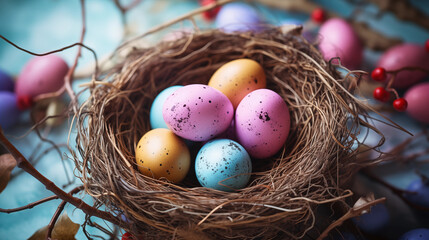 Obraz premium Pastel color Easter eggs in a nest, hyperrealistic photo