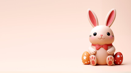 Obraz premium Happy Easter greeting banner. The Easter bunny sits next to decorated eggs against the pastel background in the style of 3D clay illustration.