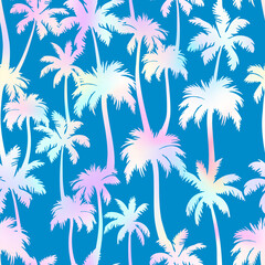 Fototapeta na wymiar Palm trees seamless pattern. Vector holographic tropical jungle texture on blue background. Abstract gradient palm silhouettes summer print for textile, exotic wallpapers, wrapping, fabric.
