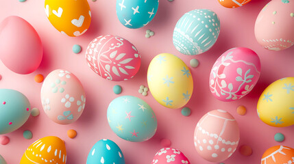 Fototapeta na wymiar Bright color decorated easter eggs on the pastel background, 3D illustration.