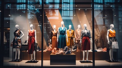 Boutique display window with mannequins in fashionable dresses.


 - obrazy, fototapety, plakaty
