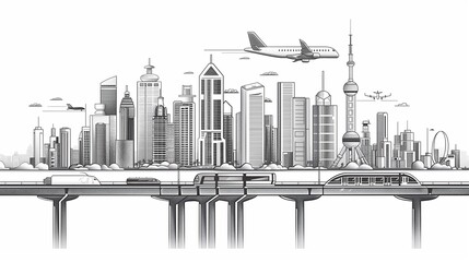 Digital illustration of a bustling modern cityscape with detailed black outlines showcasing skyscrapers, roads, and urban infrastructure against a white background.