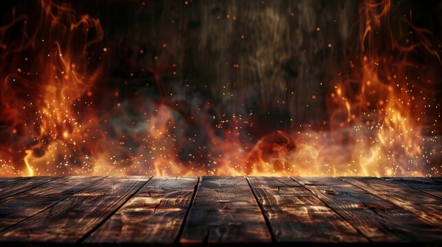 Rustic wooden table plank with fire flame burning on background. Generated AI image