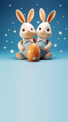Happy Easter vertical greeting banner. The Easter bunny sits next to decorated eggs against the background of the starry sky in the style of 3D clay animation.