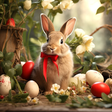 Happy Easter greeting banner. The Easter bunny sits next to decorated eggs.
